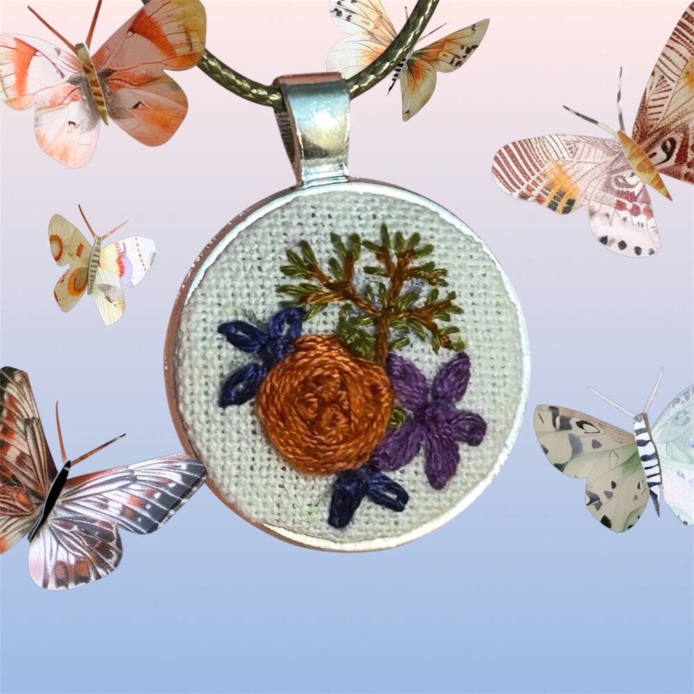 Handmade Orange Rose Cameo Charm Embroidery Necklace